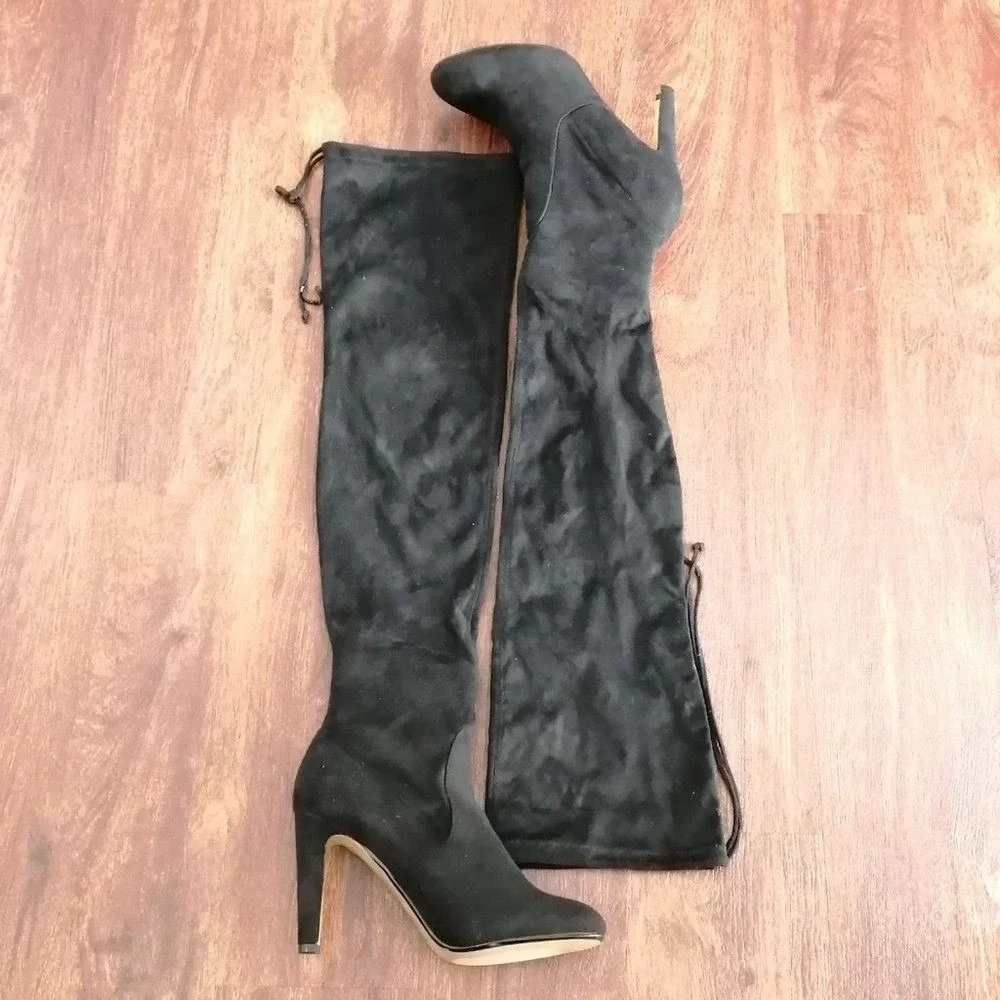 Express Womens Boots Black Fabric Over the Knee Pull On Thigh Tie Stiletto 9